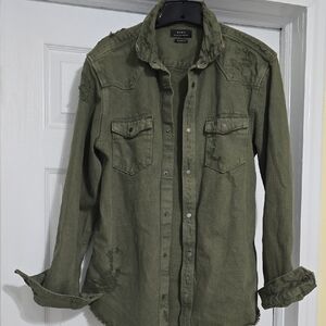 Zara Olive Green Distressed Button-Front Shirt Jacket